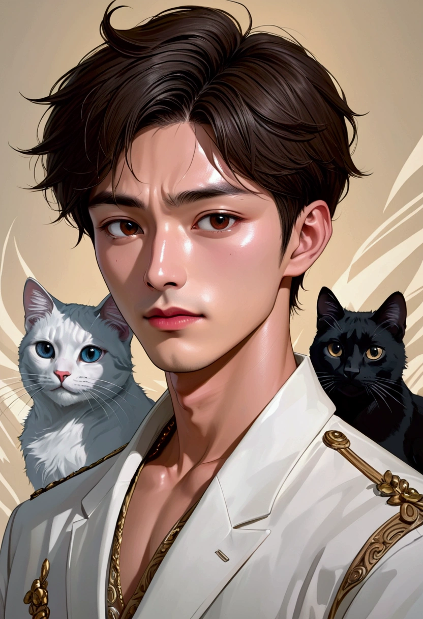 (absurd, High resolution, Super detailed), 1 male, black eyes, Brown hair (cold beauty: 1.2), feline temperament, adult, elegant, thin man, wide shoulders, Fine eyes and detailed face, korean boy