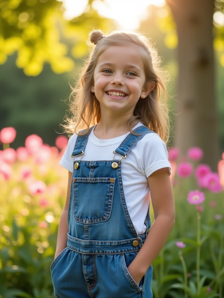 Girl smiling wearing a denim jumpsuit and a white T-shirt