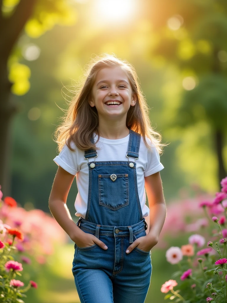Girl smiling wearing a denim jumpsuit and a white T-shirt
