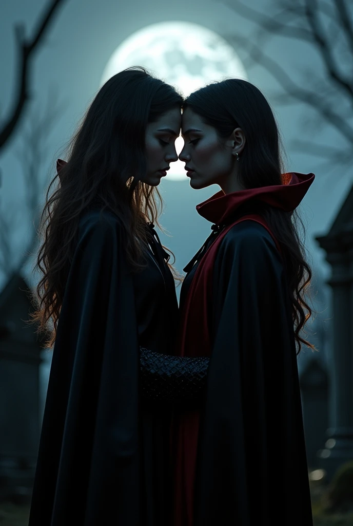 vampire teeth , ((((nighttime))) , 2girls,looking at each other in the eye, long hair , RAW photo, high quality, film grain,simple background, presenting, beautiful, (black and red lined satin cloak tied at the neck:1.20) , kissing necks , breasts,big ass, clothes lift,bottomless, moonlit graveyard , (2girls,yuri),