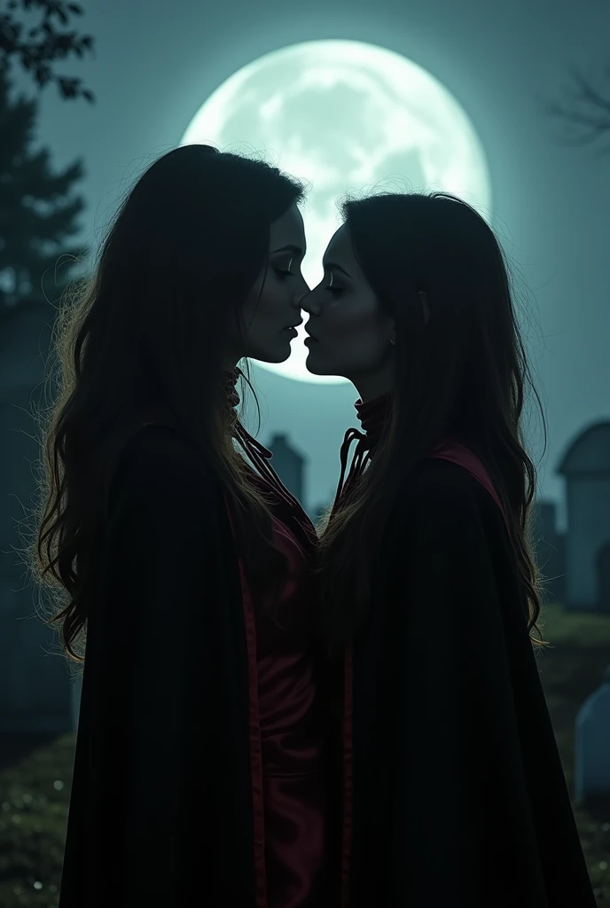 vampire teeth , ((((nighttime))) , 2girls,looking at each other in the eye, long hair , RAW photo, high quality, film grain,simple background, presenting, beautiful, (black and red lined satin cloak tied at the neck:1.20) , kissing necks , breasts,big ass, clothes lift,bottomless, moonlit graveyard , (2girls,yuri),