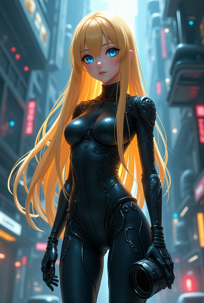 **prompt:**
As the thunder rumbles、「Futuristic anime girl、With long flowing hair、Now it has turned a shining gold.。Her hair emits a soft yet powerful aura.。She has bright blue eyes、Wearing a black cyberpunk-style bodysuit、Exquisite mechanical detailing。She has cybernetic enhancements in her arms and legs.、highlighting her highly technical presence。High-definition camera with finger、The surrounding area is filled with machinery, glowing lights and metal structures.。The background is a dark cyberpunk environment.、Her golden hair stands out。」
---
このpromptを使えば、You can generate a version of the picture in Japanese with golden hair and an aura.。