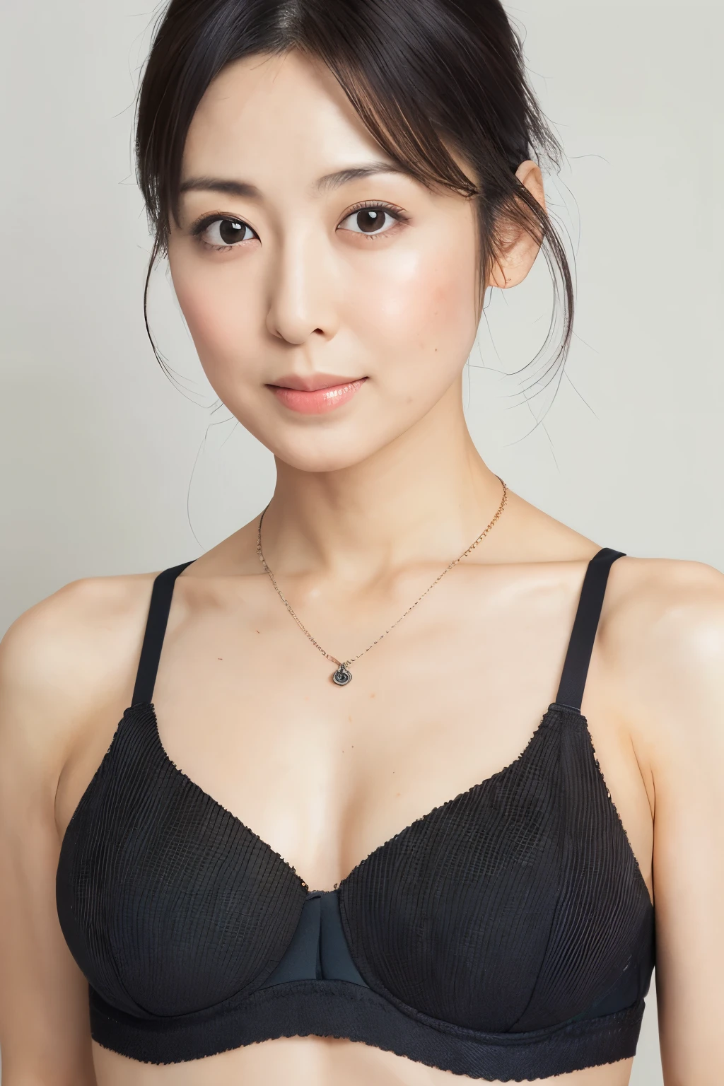 Skinny Japanese woman, Dressed, small head, cute face, detailed face, detailed eyes, (photographrealistic:1.4), (Hyper realistic:1.4), (Realistic:1.3), (Smoother lighting:1.05), (increase cinematic lighting quality:0.9), 32K, 1girl in, 30-years old, Realistic lighting, Backlighting, Light on Face, raytrace, (Brightening light:1.2), (Increase quality:1.4), (Top quality real texture skins:1.4), Black underwear, a necklace, Very thin waist, slender legs, (Increase body line mood:1.1), (Increase the beauty of skin texture:1.1)