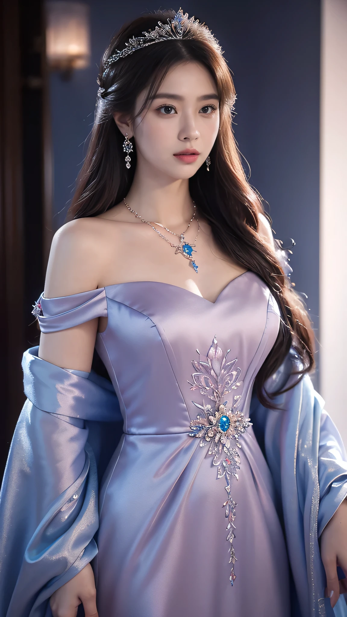 There was a woman in a Rose Colour dress，Wearing a necklace,((a beautiful fantasy empress).inspired by Sim Sa-jeong，Azure.detailed hairs,winter princess,LCE Princess,Guvez-Steville artwork,8K)),fantasy aesthetic!.Guviz,Ice Queen,8k high-quality detailed art.