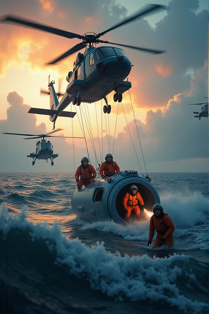 supper:* Helicopters and rescue teams recovering the capsule and the three astronauts.
*texto:* "Rescue teams recover capsule and crew, who returns to Earth as heroes."