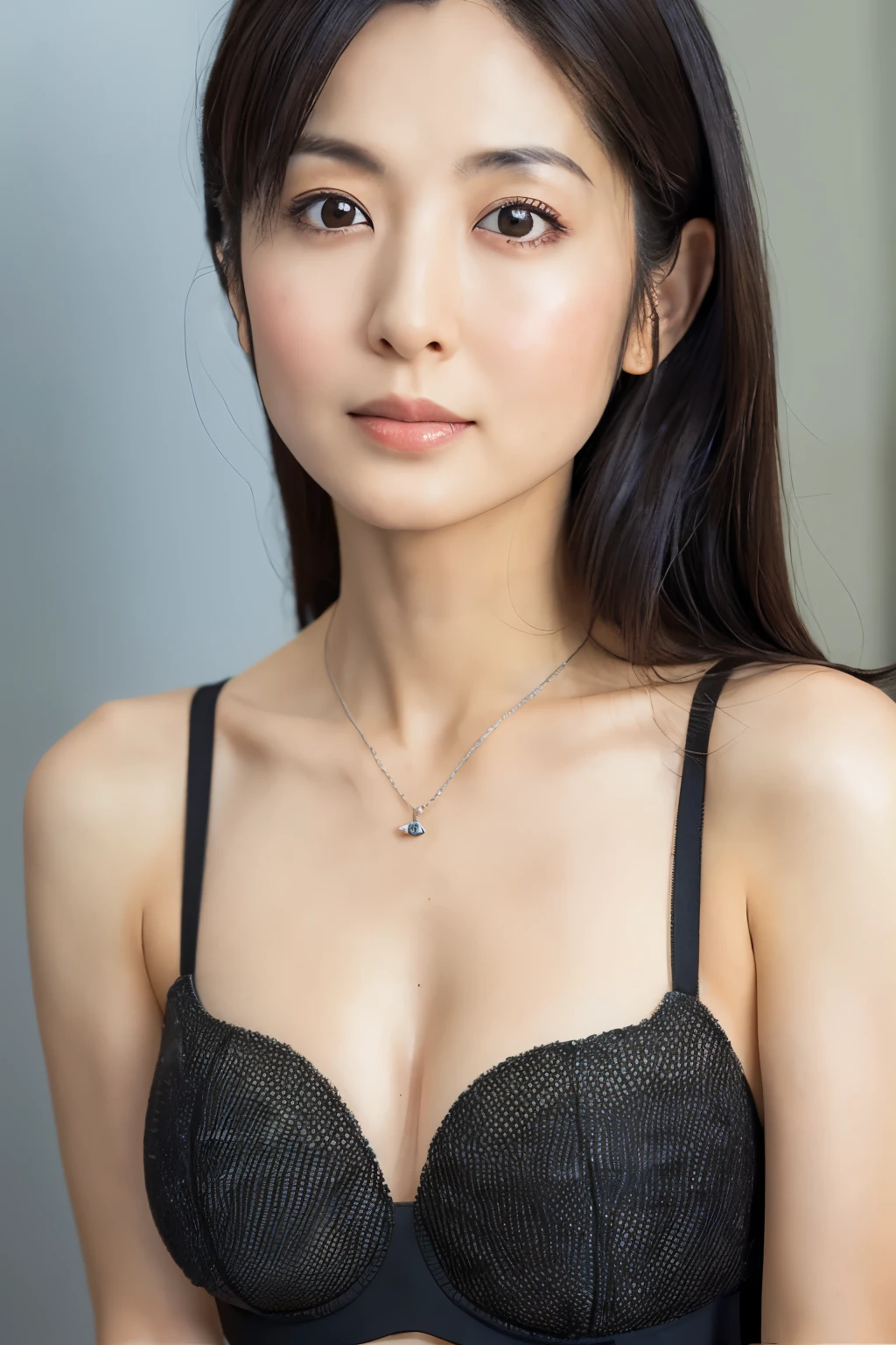 Skinny Japanese woman, Dressed, small head, cute face, detailed face, detailed eyes, (photographrealistic:1.4), (Hyper realistic:1.4), (Realistic:1.3), (Smoother lighting:1.05), (increase cinematic lighting quality:0.9), 32K, 1girl in, 30-years old, Realistic lighting, Backlighting, Light on Face, raytrace, (Brightening light:1.2), (Increase quality:1.4), (Top quality real texture skins:1.4), Black underwear, a necklace, Very thin waist, slender legs, (Increase body line mood:1.1), (Increase the beauty of skin texture:1.1)