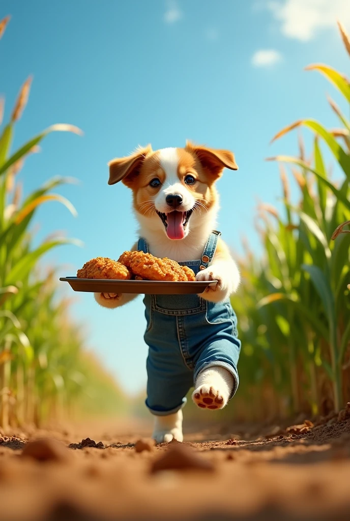 {
"prompt": "1. A brown and white puppy in denim overalls is running with a tray of grilled chicken through a cornfield. 2. The puppy is depicted running on its hind legs like a human. 3. Several angry vendors are chasing the puppy, their faces showing intense frustration. 4. The scene includes tall corn stalks and a clear sky. 5. Wind effects and motion blur are used to emphasize the speed and chaos of the chase.",
"aspect_ratio": "9:16",
"version": 5,
"quality": 2
}