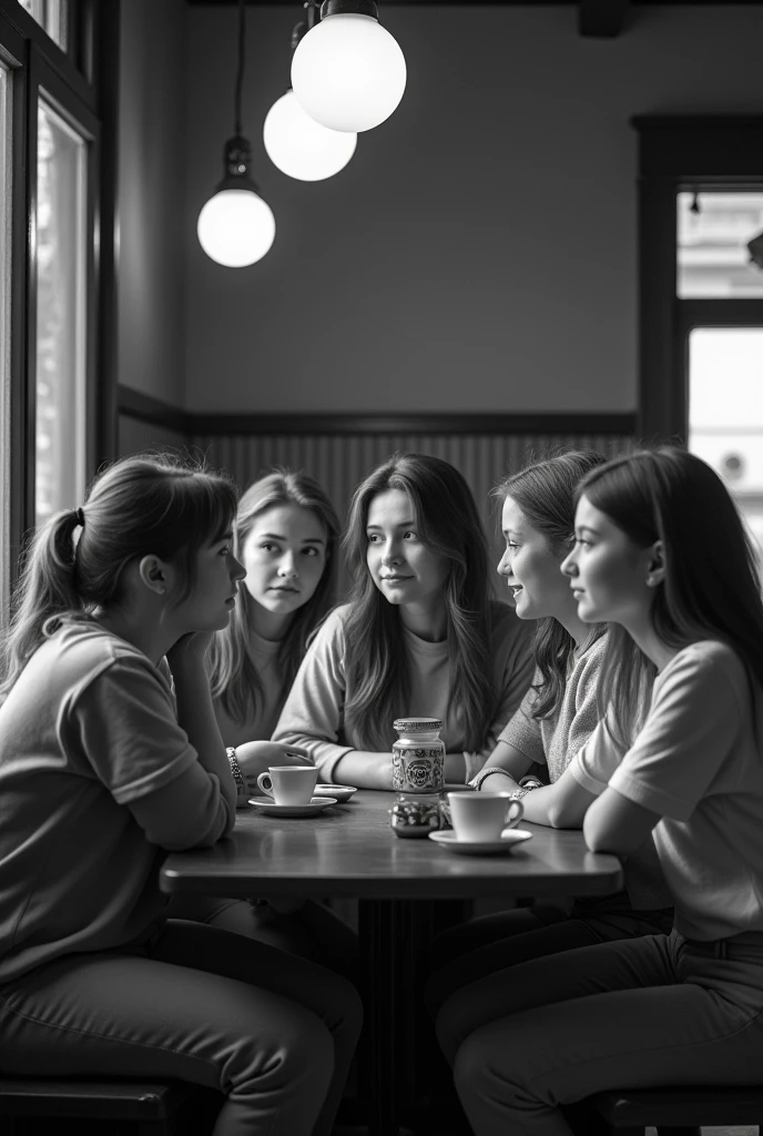 6 girls having awkward conversations, in black and white
