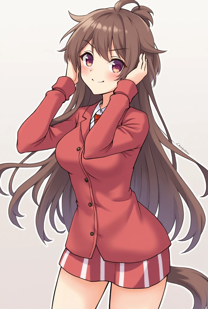 (mix1), anime art style, 2d, masterpiece, best quality, very aesthetic, absurdres, dynamic shadows, atmosferic, (1girl), (brown hair), antenna hair, long hair, brown eyes, eyeslashes, detailed eyes, glasses, ahoge, bangs, medium breasts, cleavage, collarbone, makeup, intense blush, red hoodie, white shirt, open clothes, black thong, sexy smile, standing, v, hands on own hip, (cowboy shot), from side, looking at viewer, simple background, ((white background))