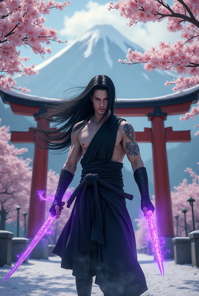 A male ninja with long straight black hair, white skin, black eyelids and lips, bright red eyes, Japanese characters tattooed on his body, wearing all-black pants, with purple flames appearing in both hands, standing on a torii gate surrounded by cherry trees and snow, with Mount Fuji behind him.