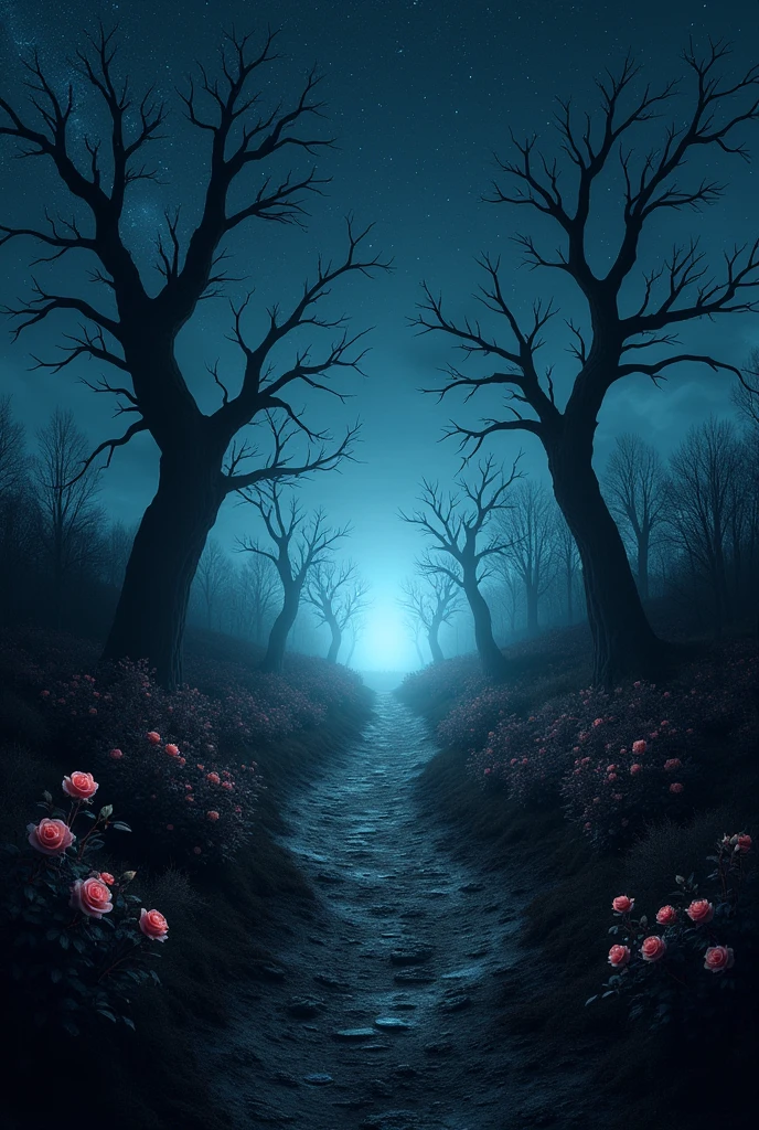An image that is dark around, and in the center a light like a light at the end of the tunnel, with a little-seen path in the dark middle with large dry trees, below, rose bushes with thorns that gradually sprout roses on the sides of the leaves, above a starry sky, in the central part empty space to add text 