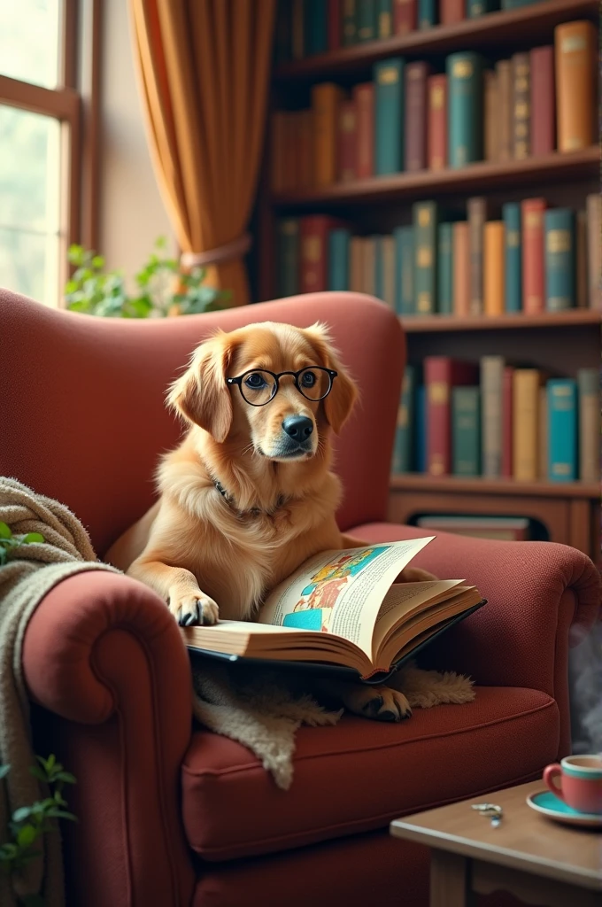A picture of a dog reading a book and wearing glasses