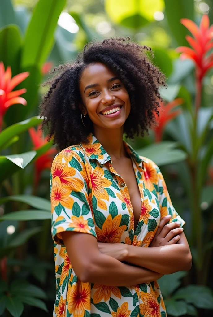 A Brazilian woman in a lush tropical garden, wearing an open shirt with a floral print, with a close-up capturing the harmonious beauty between her breasts and the natural flowers, showing off your natural charm and outgoing personality.