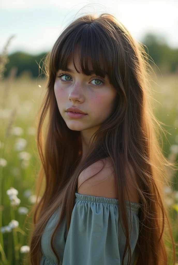 Portrait of a cute Russian skinny young girl, 18 years old, skinny girl, fragile girl, straight hair, thick straight bangs, brown-haired, gray-blue eyes, very long hair, naked body, hairy pubis, mobile photo, the nature of Russia in the background, high quality, 8k