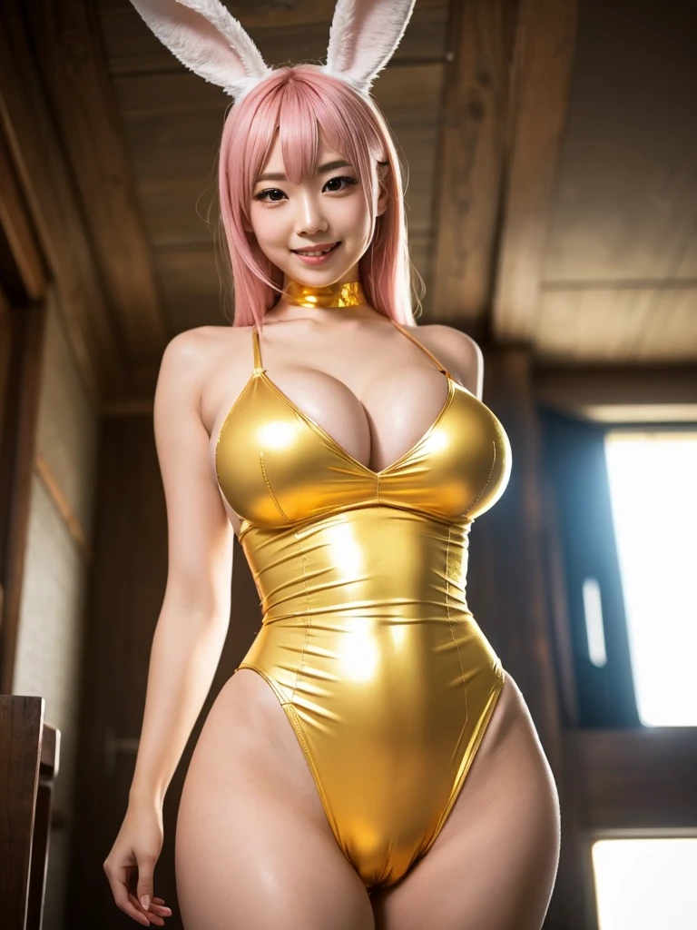 Japanese beautiful girl　cyber-　mechanical　Golden Bunny Girl　Ultra High Leg　Super big breasts　Rubber　smile　Open your mouth　A subjective view of the crotch　Take a good look at the crotch　Pink hair　Plump　Can you show me the angle from below?　Shine a light from below.