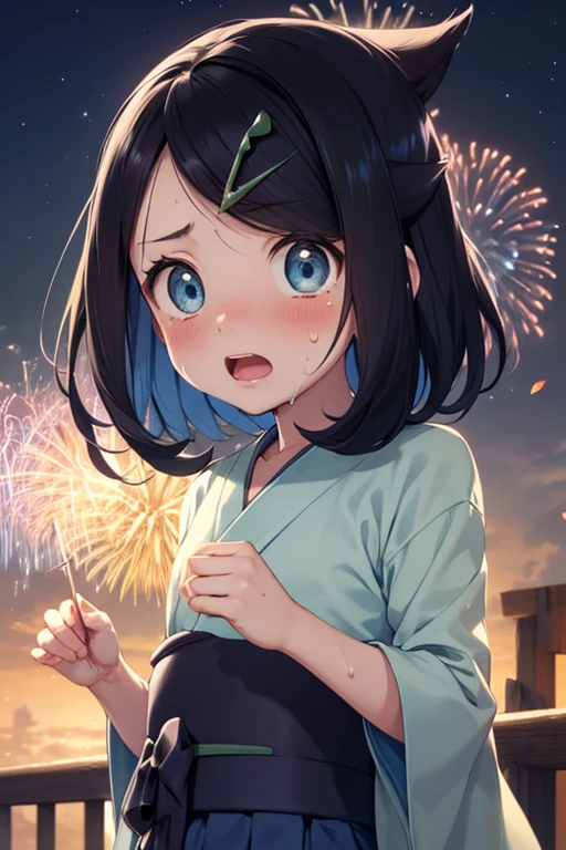 ((nsfw)), (masterpiece, Highest quality, 8K ultra-high resolution:1.6), Not wearing underwear, 14yo, kawaii, Pokemon Riko, (A colorful navy blue yukata, night: 1.4), (Summer festival), ((turn around)), Beautiful Eyes,Flash photography, Backlight,  ((Close-up of face:1.4)), (Surprised expression:1.4), ((((Sweat)))), (Show your palm to the camera), (Beckon), Written boundary depth, Dramatic portrayal, (Colorful fireworks background), Focus of the film, , Emotional composition, Emotional engine full throttle BREAK Young and cute, Slender body, Flat Chest, Highly detailed glossy skin,Sweat,  完璧なPokemon Riko
, Wind, detailed in the Wind, petals dancing in the Wind
BREAK
ultra detailed crystal eyes, Eyes like shining jewels