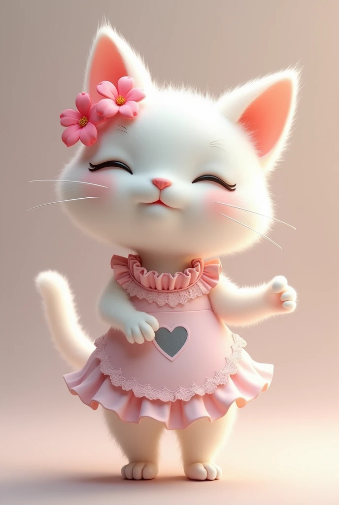 very cute slender white female cat, pink flowers on her ears, standing and waving, grey heart mark on her belly, lace apron from the waist down, grey tail, fluffy effect in pastel colors, glitter effect