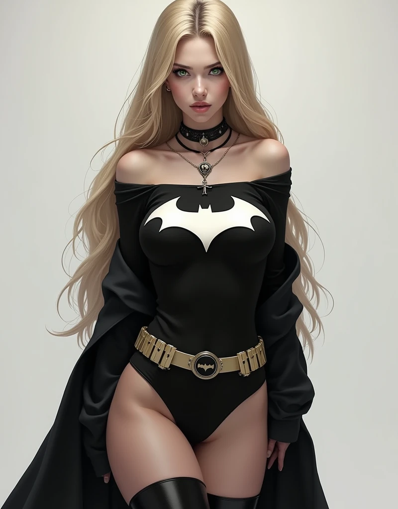 1 girl in, 20 years, standing alone, long hair, Colossal , looking forward at the viewer, blonde hair, blonde hair, bare shoulders, green eyes, Jewelry, whole body, NECKLACE, off the shoulders, Sweaters, realistic, sexual, big tits,batgirl superheroes full outfit, Black and white