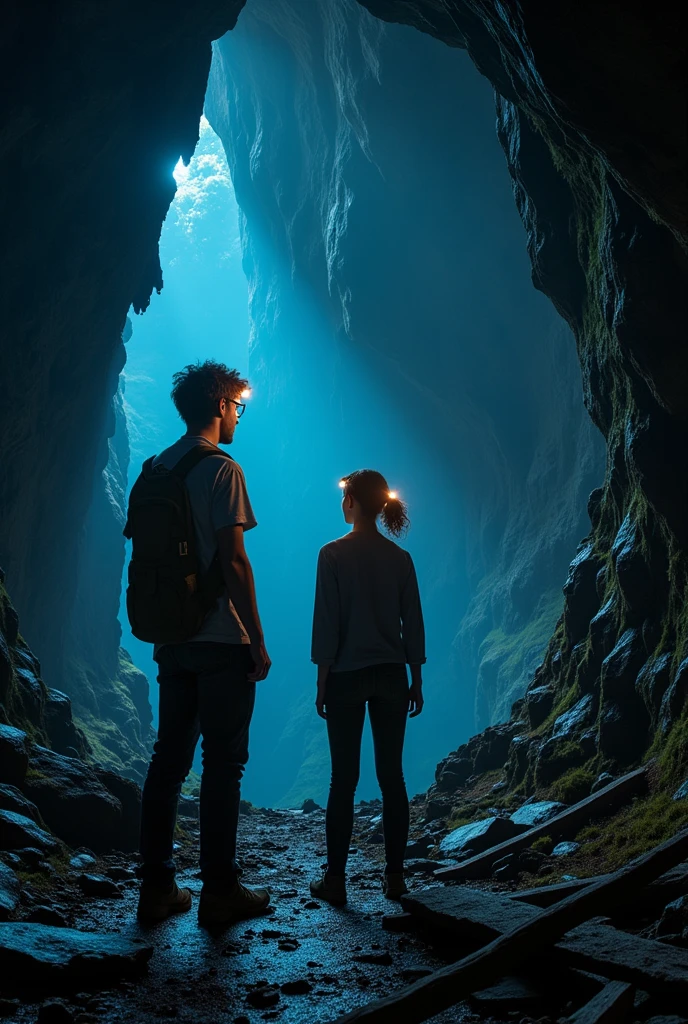 Two scientists, a young man and a woman, in a cave looking out at another cave and a collapsed wooden bridge