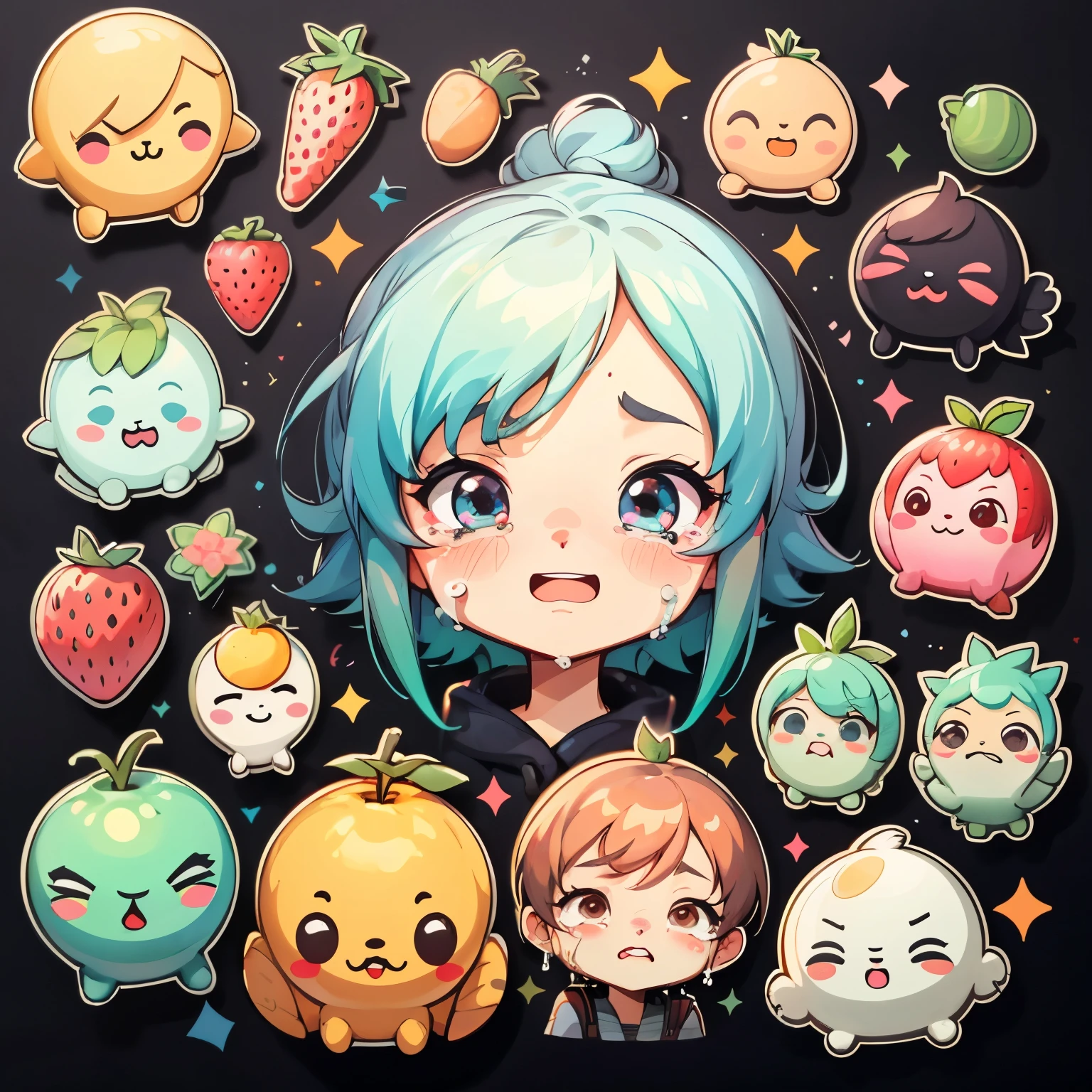 1 sticker, handbook,black backdrop, simple background, Minimum, cute, mic, pastel colored, vector style, gradient no,(Personification of various fruits)、(Crying face、smilling face、brave face、Troubled face、brave face、various facial expressions),