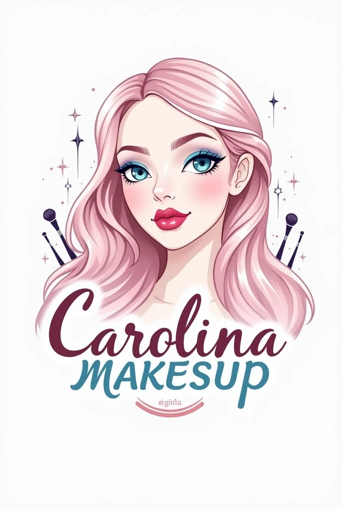 Create for me a makeup logo with the name carolinamakesup with the colors light blue and pink with a woman in the image