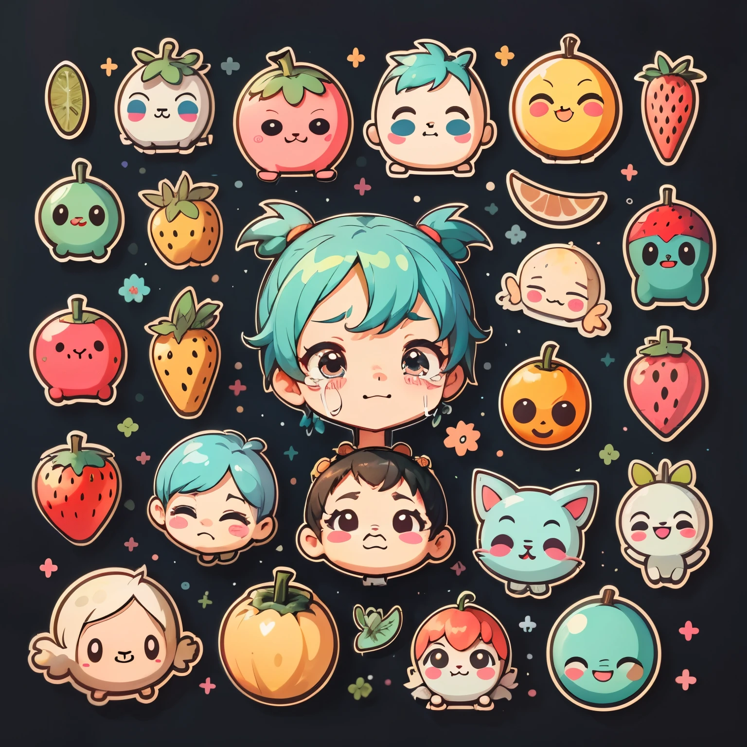 1 sticker, handbook,black backdrop, simple background, Minimum, cute, mic, pastel colored, vector style, gradient no,(Personification of various fruits)、(Crying face、smilling face、brave face、Troubled face、brave face、various facial expressions),