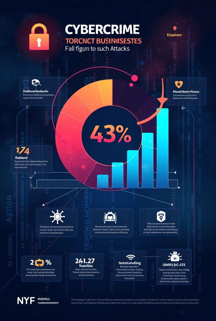 Can you make me a picture that showing the statistics of cybercrime percentage businesses targeted 43% of them, average cost of a data breach that cost $4.24