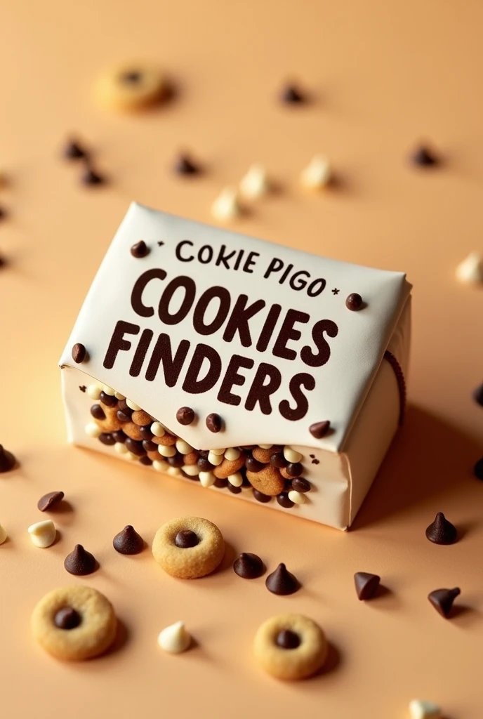 Create a small package with a capacity of 4 cookies that has the name COOKIES FINDERS on the package and has dark and white chocolate chips around it.