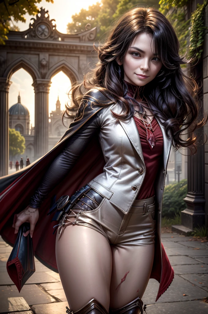 (masterpiece, best quality:1.2), cowboy shot, solo, 1girl, cinder fall, evil smile, looking at viewer, long hair, white suit, red shirt, tie, standing outside huge gothic building, trees, (volumetric lighting), sharp focus, hyper detailed
