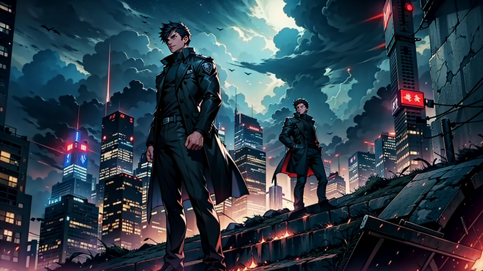 A final showdown unfolds in the heart of the city as a young detective and a powerful vigilante battle a shadowy figure with supernatural powers, the skyline lit up by a fierce storm, symbolizing the struggle between light and darkness.