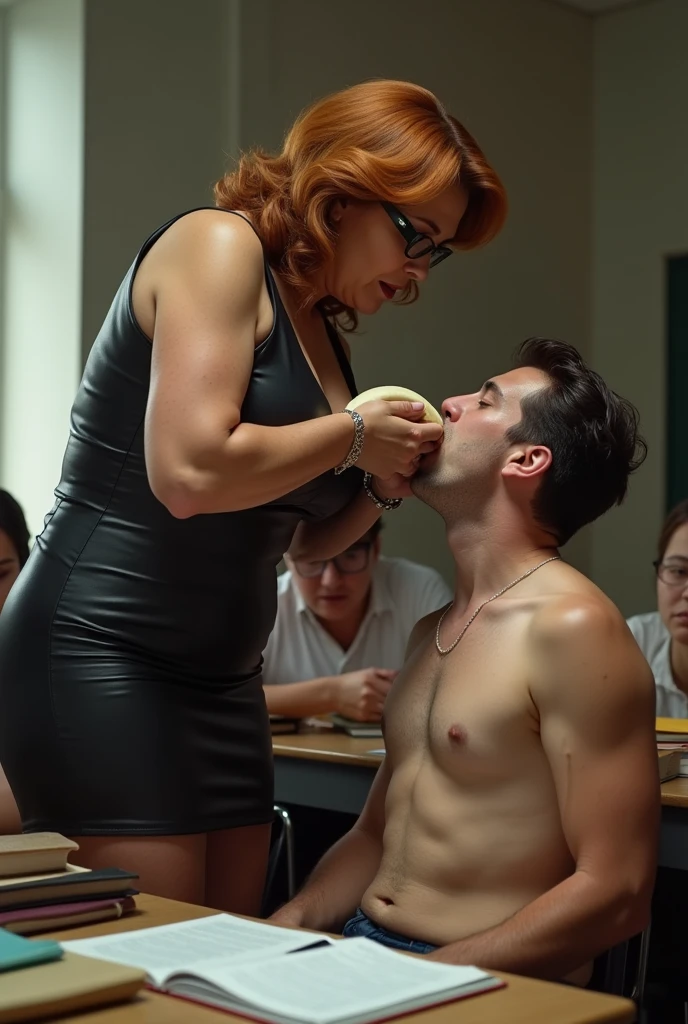NSFW, XXX image, A hyper realistic photo with a mistress and her student, 1woman, 70yo sexy plumper aged woman, wrinkled, double chin, she firmly pushes half a banana into boy's mouth, standing in the classroom, bending forward pushing on student's head, tall beautiful stunning mistress, voluptuous, classy, mature, eyeglasses, strict, ginger hair, firmly forcing banana in man's mouth, ((ultra deep cleavage, exposed breasts, high angle downblouse shot, nippleslip, sleeveless very tight short elegant leather dress, looking at the camera)), BREAK, 1man, small round student, naked, sit bending forward on a desk full of books, submissive obedient man, young face, opened mouth, swallowing the banana, ((detailed classroom background, perfect bright lighting)), wide angle lens full bodies shot, both faces in framing