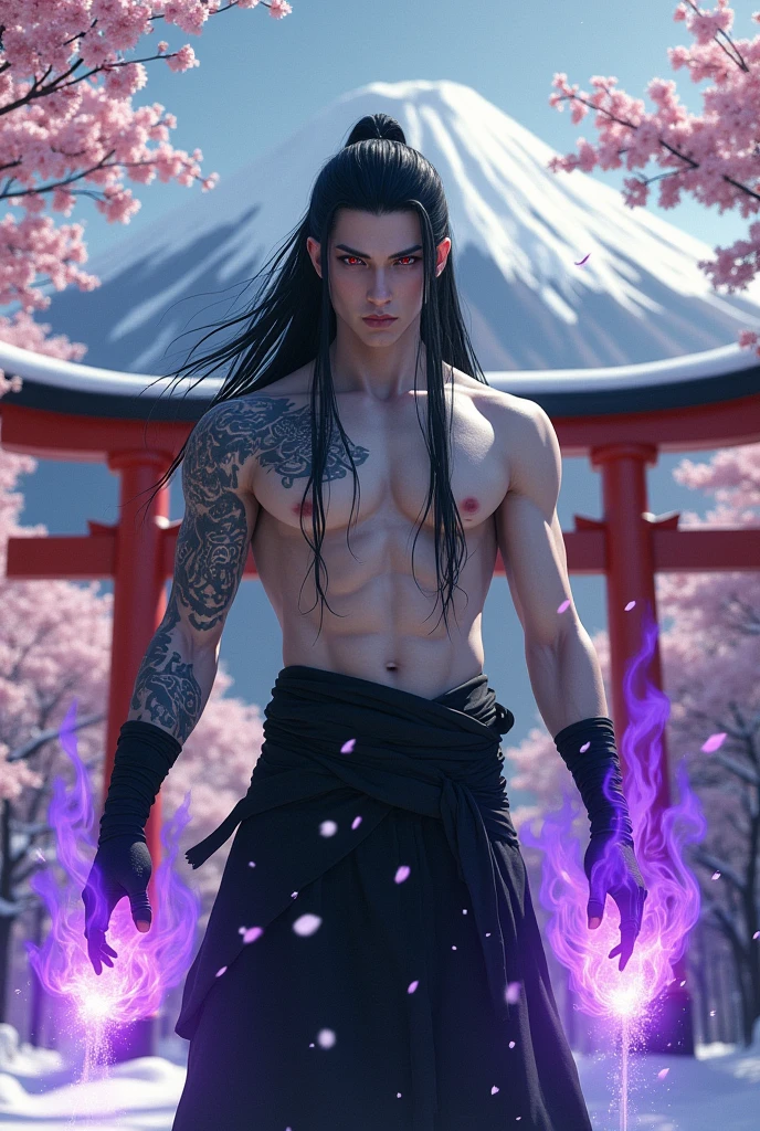 A male ninja with long straight black hair, white skin, black eyelids and lips, bright red eyes, Japanese characters tattooed on his body, wearing all-black pants, with purple flames appearing in both hands, standing on a torii gate surrounded by cherry trees and snow, with Mount Fuji behind him.