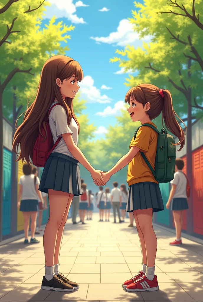 A junior high school girl who is embarrassed by being hugged from behind by a high school girl