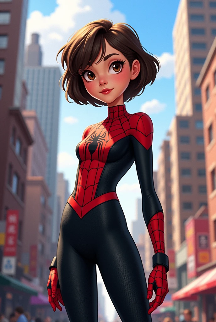 A 15 year old girl,very short hair, color cafe, light brown eyes, pale skin, with a black and red spiderman suit, and without the mask (cartoon style)