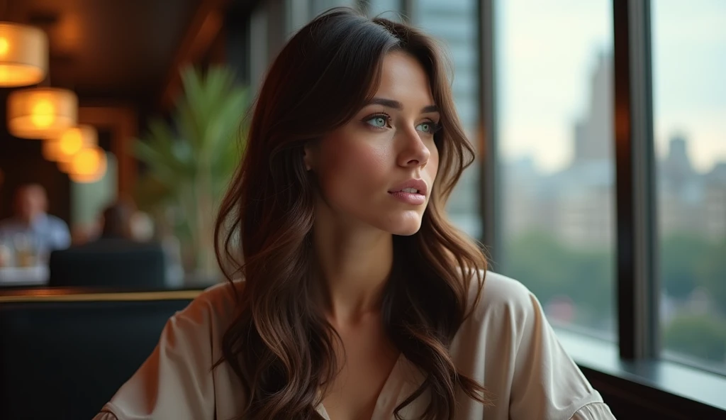 30 year old brunette MILF woman with (((Breasts huge ))) photographed from the side AND A LITTLE FAR AWAY , she is relaxing in a 5 STAR RESTAURANT IN NEW YORK, having dinner with a 30 year old German man, brawny, this'natta, HUGE WINDOW IN THE BACKGROUND AND BIG BUILDINGS , greeneyes. (long brown hair ), realistic and face detailed, beautfull woman, face detailed, work of art, NSFW style, Beautiful ultra detailed and realistic 8k model, hourglass-body, Wear SMART micro pants and a SMART shirt, sexly, photorrealistic. Sony Alpha 77