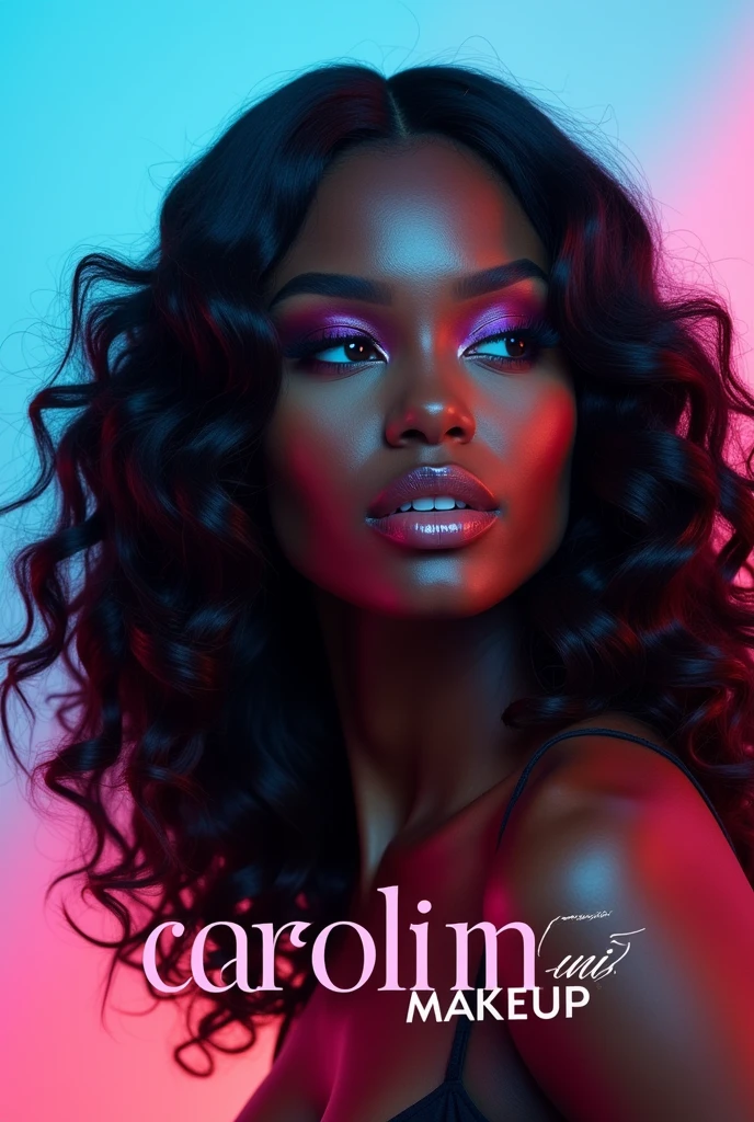 Create a makeup logo for me with the name carolinamakesup with the colors light blue and pink with an all black woman in the image