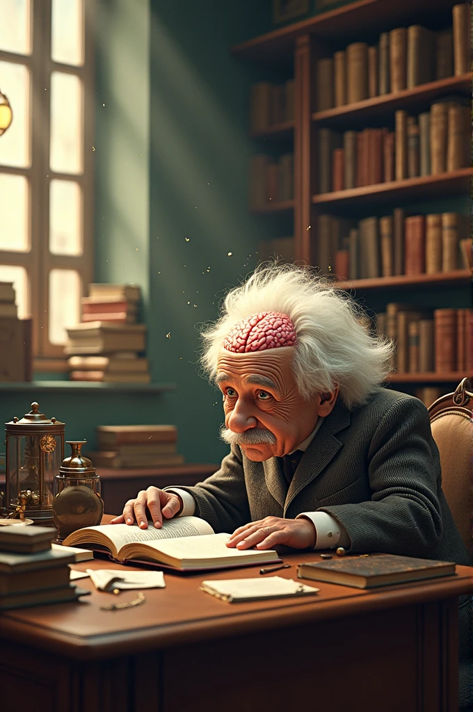 Albert Einstein with a disproportionately large brain while reading a book