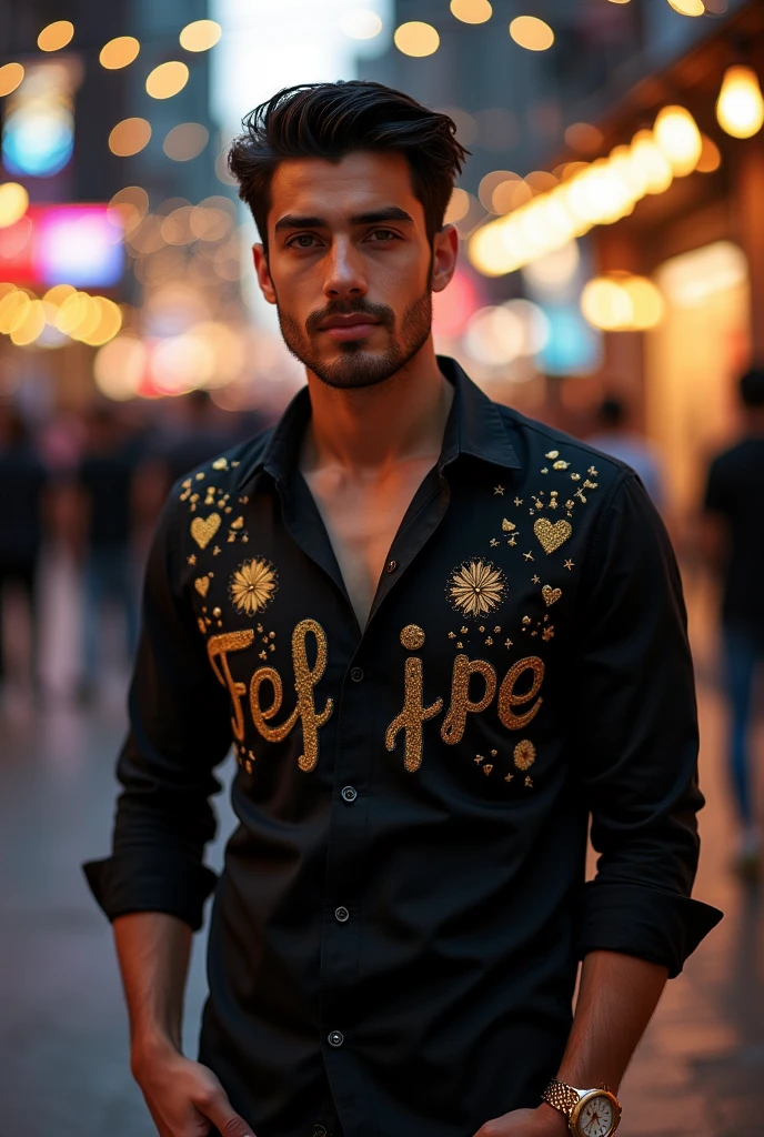 Characters brunette with black shirt with name felipe ofc. Of gold glue .and gold watch