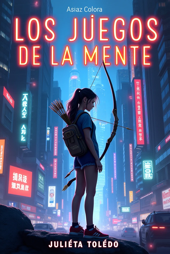 Book cover with the letters "The Mind Games" at the top, a teenage girl standing using a bow and arrow in a futuristic background, and at the bottom the letters author Julieta Toledo, the letters must be in Spanish