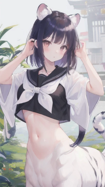 (best quality, masterpiece), 1 girl, centaur, I beg, White skin, Japanese schoolgirl, black pink, exposing the abdomen, belly button t-shirt , beautiful girl perfect, White tiger photo, 완벽한 White tiger photo