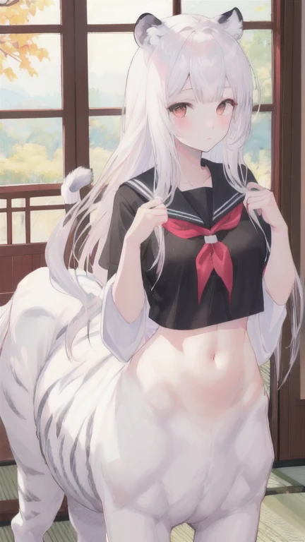 (best quality, masterpiece), 1 girl, centaur, I beg, White skin, Japanese schoolgirl, black pink, exposing the abdomen, belly button t-shirt , beautiful girl perfect, White tiger photo, 완벽한 White tiger photo