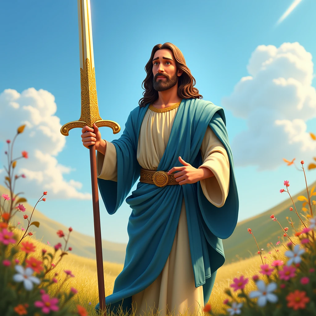 "Create a detailed and high-quality illustration scene describing the prompt entirely in Disney Pixar style 3D cartoon illustration ( Jesus with a sword in his hand)