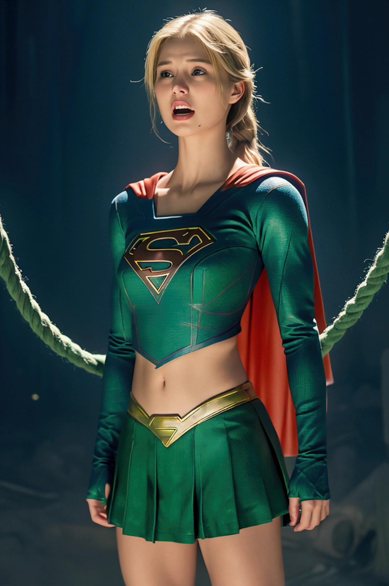 A glowing green rope wraps around Supergirl&#39;s stomach.,The rope also wraps around Supergirl&#39;s legs.,Supergirl has a pained look on her face.,Supergirl is screaming.,Supergirl is weak