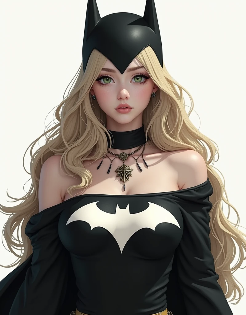 1 girl in, 20 years, standing alone, long hair, Colossal , looking forward at the viewer, blonde hair, blonde hair, bare shoulders, green eyes, Jewelry, whole body, NECKLACE, off the shoulders, Sweaters, realistic, sexual, big tits,batgirl superheroes full outfit, Black and white