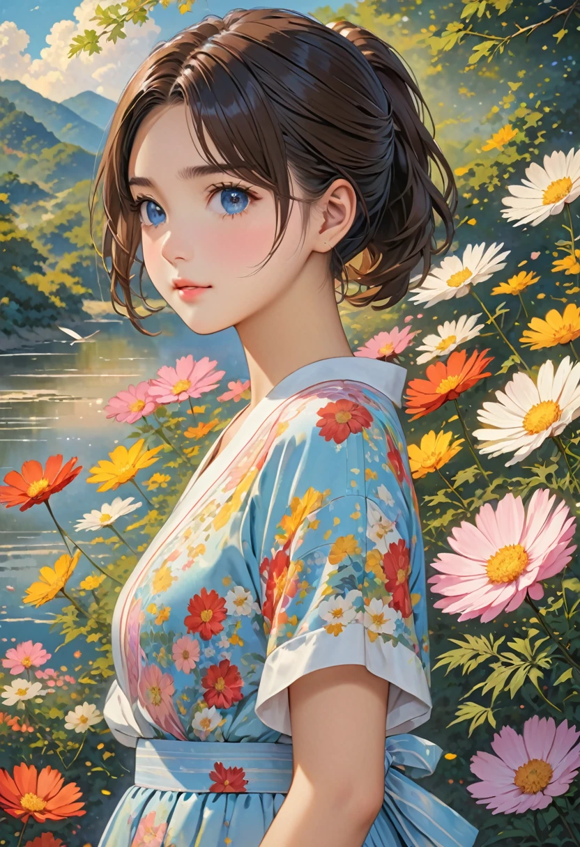 Highest quality、High resolution、Detailed Background、(Beautiful face in every detail:1.4)、Anatomically correct、Normal number of fingers、Highly detailed face、Detailed eyes、age beauty、Perfect body line、Braided bob cut、ponytail、Cute hairstyle、well-groomed eyebrows、A melancholy atmosphere、Show the whole body、(広がる紫と白のCosmos flower畑に佇むピンクのワンピースを着た少女:1.5)、Tears shine in the girl's eyes and her gentle expression is distorted.、Elegant cosmos flowers々It seems as if the girl's sadness is being gently embraced.、A quiet breeze sways the petals and gently strokes the girl's hair、Cosmos flower々It's as if the author is empathizing with the girl's sadness.、very beautiful
