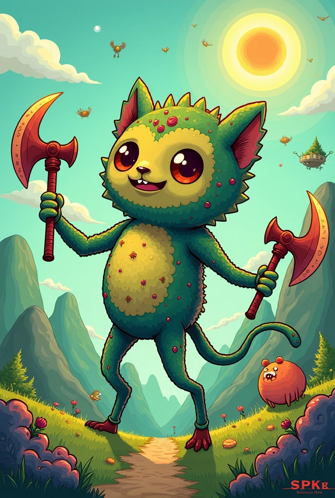 Humanoid arvire with axe arms in adventure time cartoon style