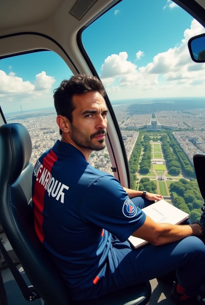 Spanish football coach with a PSG jersey bearing Luis Enrique in a helicopter