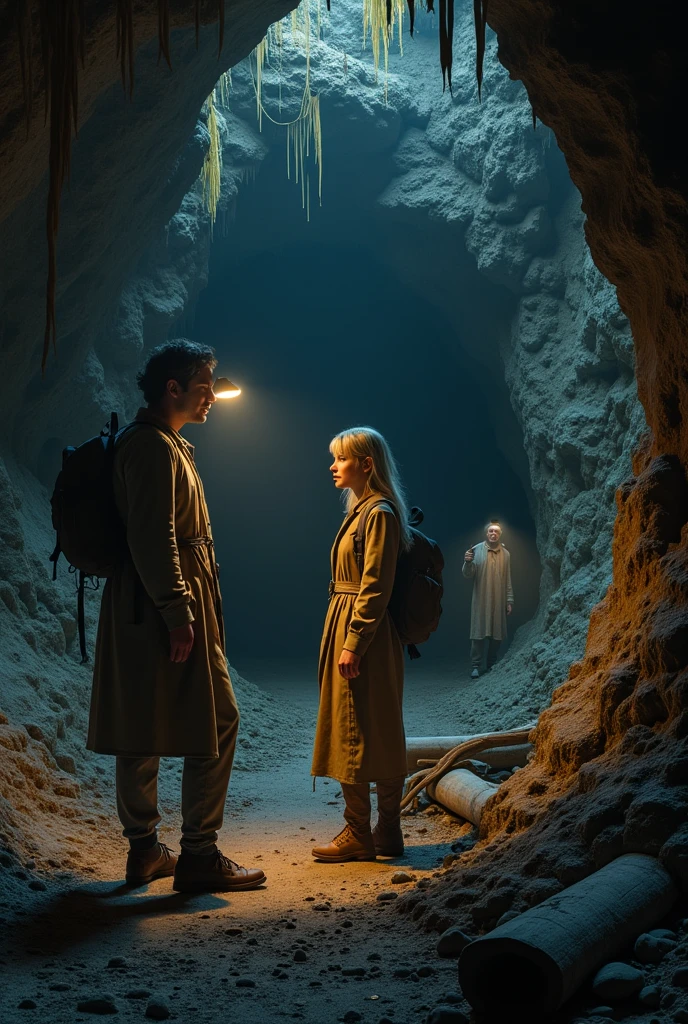 Two scientists, two adults, a man and a woman, in a cave looking in front of another cave and a collapsed wooden bridge. And on the other side you see an old scientist