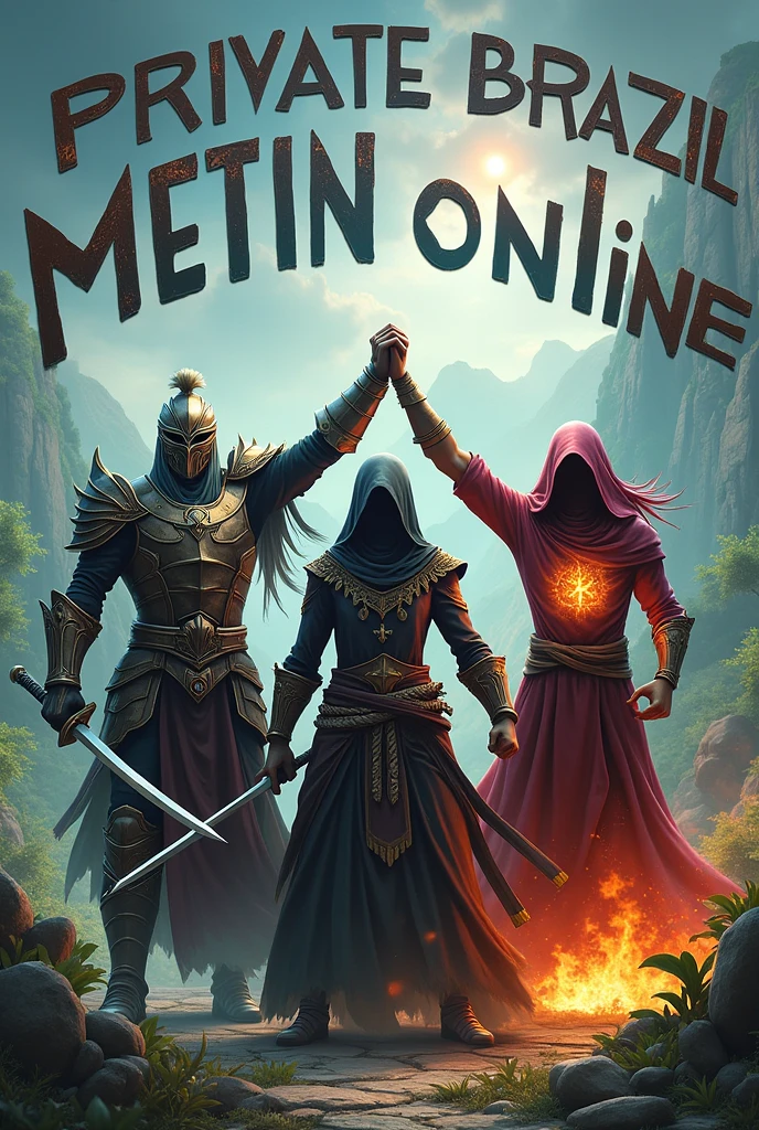 A screenshot from the game Metin2, with a warrior, a ninja, a shaman and a shura holding hands and, over their heads, Written "Private Brazil Metin Online"