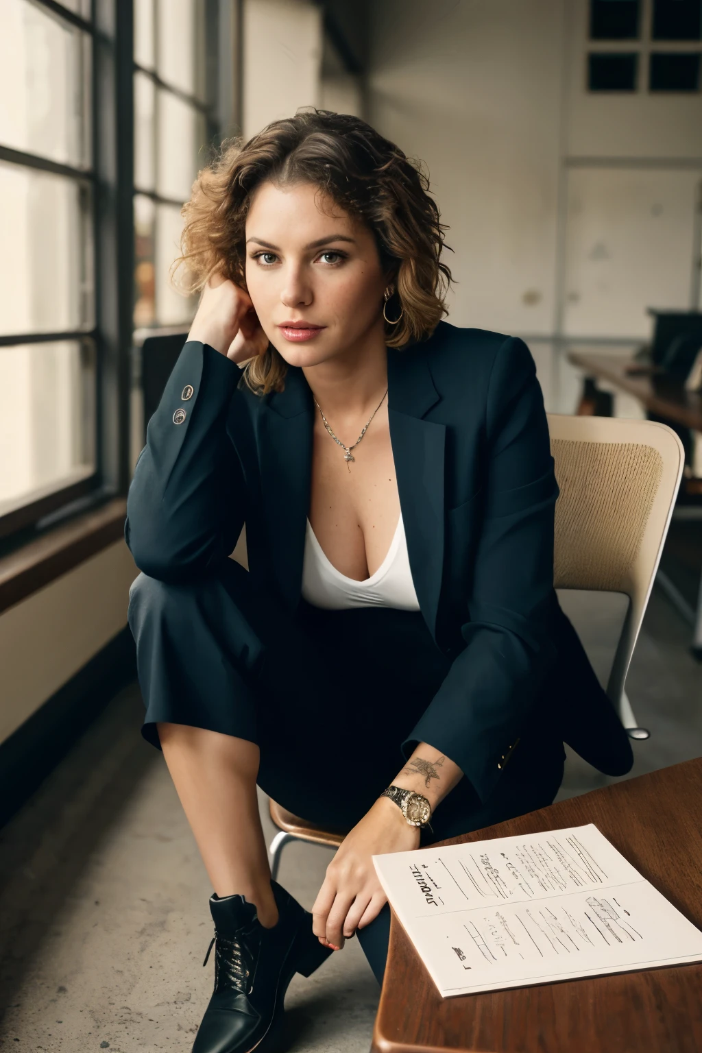 40-year-old woman, full body shot, , blonde, wearing a black suit, shoes, seductive, freckles, messy hair, sitting in a desk, detailed, analog style, female focus, very high quality (highly detailed skin), perfect face, skin pores (bokeh: 0.6), sharp focus, blotchy lighting (backlight: 0.7), film grain, shot on a Sony A7R IV, 18mm F/1.7 cinema lens (highly detailed, intricately detailed), 8k, HDR, front view (full body visible: 1.2). Textured, distressed, vintage, edgy, punk rock vibe, noisy, details Ultra-HD 8k